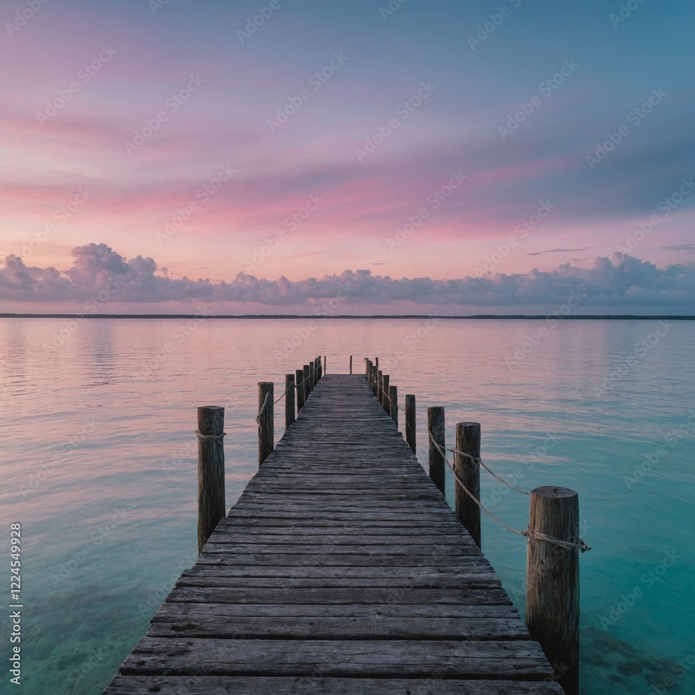 Fototapeta premium A wooden pier extending into calm sapphire waters under a pastel sky.