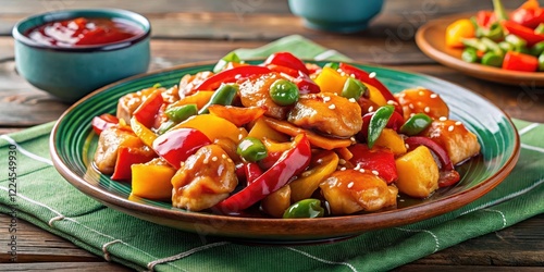 Sliced sweet and sour chicken pieces on a colorful bell pepper plate with a savory sauce drizzle, chicken, cuisine,  chicken photo