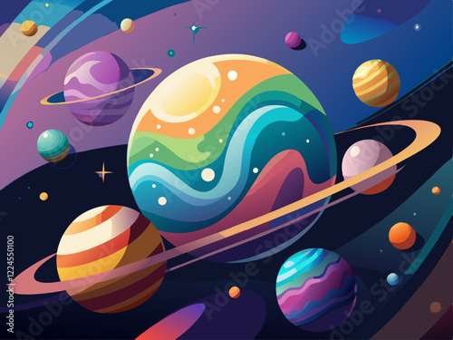 Un vibrante grupo de planetas celestes, cada uno adornado con anillos y rodeado de estrellas centelleantes, flota en un espacio profundo y oscuro. Los colores son ricos y variados, creando una escena 