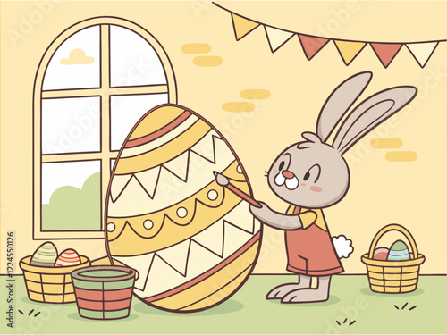 Sobre un fondo amarillo claro, se representa un lindo conejo de Pascua ocupado decorando un gran huevo. El conejo está de pie a la derecha, sosteniendo un pincel en sus patas y aplicando cuidadosament