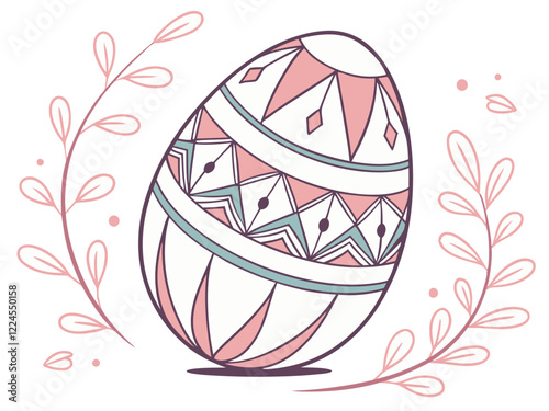 Sobre un fondo blanco, se muestra un gran huevo de Pascua, украшен con un complejo patrón geométrico en tonos rosas, azules y blancos. El huevo está colocado verticalmente, ocupando la mayor parte de 
