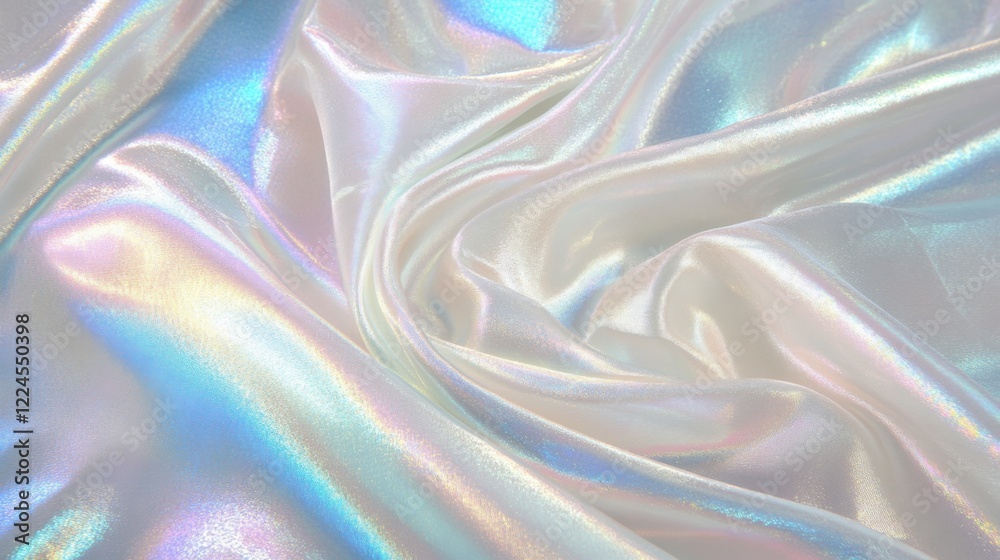 Obraz premium Smooth foil shimmering on a white holographic background with delicate pearlescent gradients, creating a soft, luxurious effect.