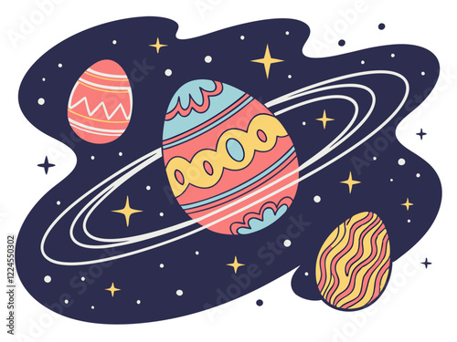 Sobre un fondo темно-виолета del espacio, se representan tres huevos de Pascua, украшенных con diseños brillantes. El huevo central, más grande que los demás, está rodeado por un anillo que recuerda a