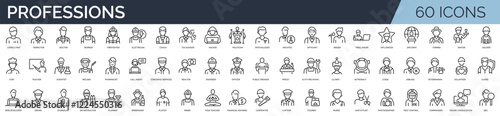 Set of 60 outline icons related to professions.  Linear icon collection. Editable stroke. Vector illustration	