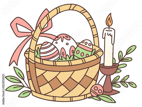 Sobre un fondo blanco, se presenta una cesta de mimbre llena de huevos de Pascua y una vela encendida. La cesta, de tonos claros, está adornada con un lazo rosa. En su interior, descansan tres huevos 