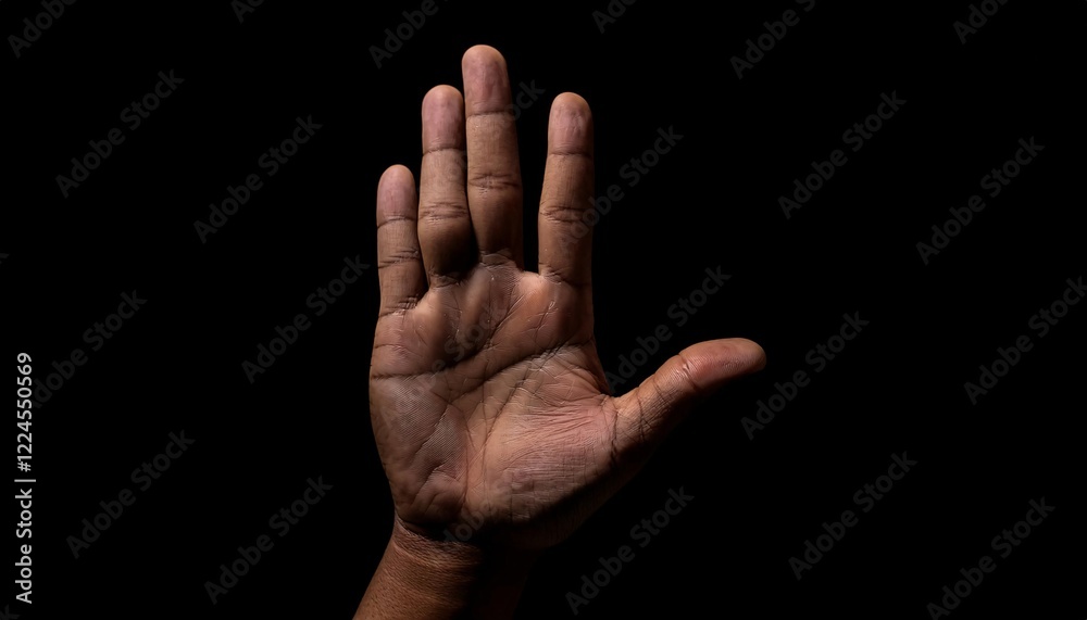 a single hand with fingers spread apart, creating a strong stop gesture against a dark background with dramatic lighting and detailed skin texture
a single hand with fingers spread apart, creating a strong stop gesture against a dark background with dramatic lighting and detailed skin texture
