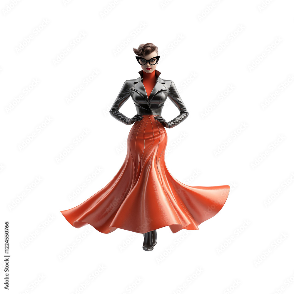 Elegant Woman in Red Dress and Leather Jacket - 3D Render
