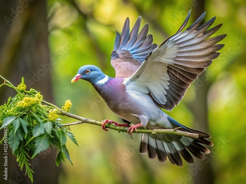 Wood Pigeon Building Nest, Bird Carrying Twig, Rule of Thirds Composition photo