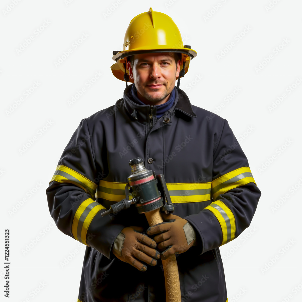 Firefighter in Uniform Holding a Large Tool for Emergency Response Firefighter in Uniform Holding a Large Tool for Emergency Response