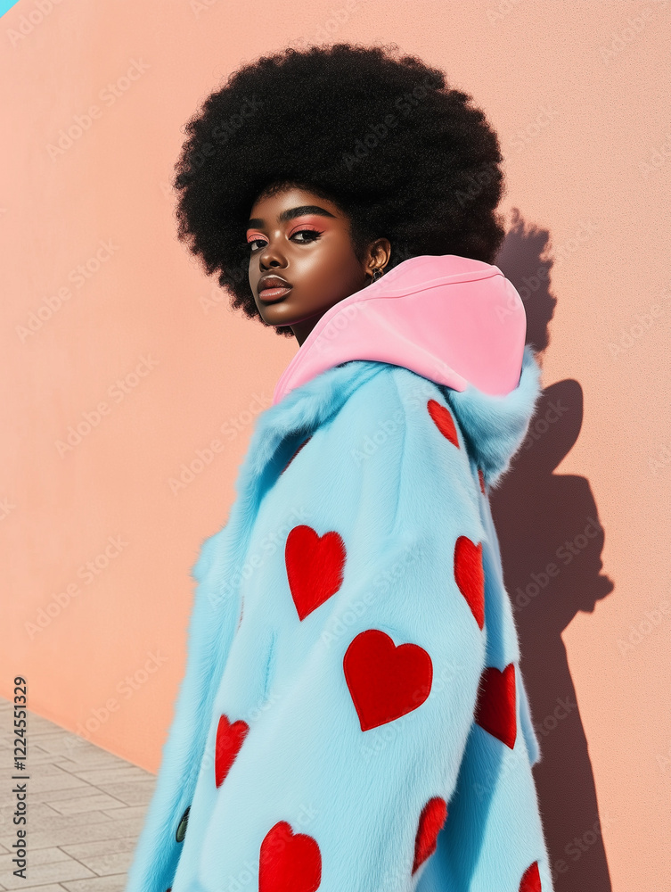 Obraz premium Portrait of modern young beautiful girl, standing and posing in Valentine's day costume with vivid color coat with a print of love hearts. Illustration. Generative AI
