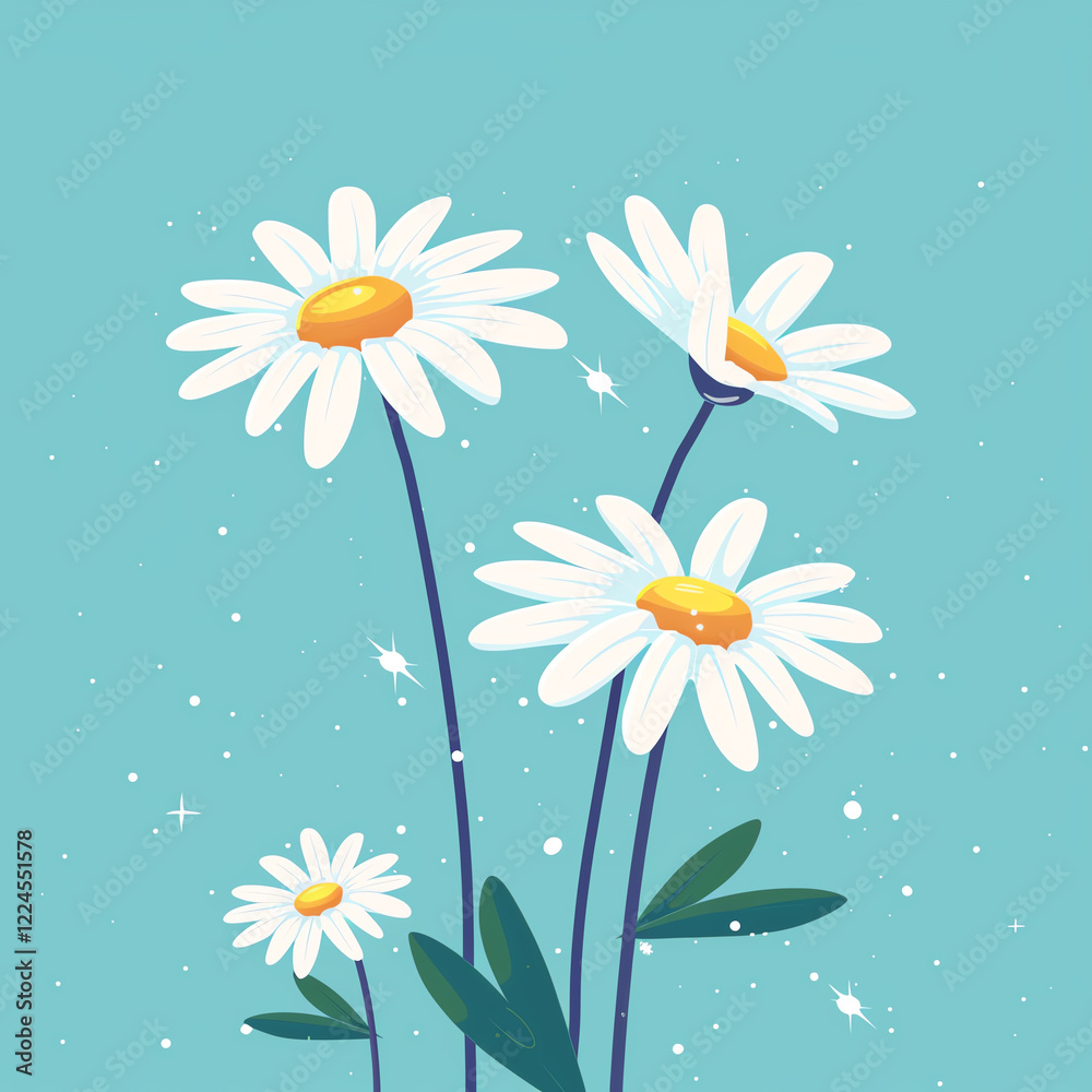A beautiful illustration of daisies against a soft blue background, conveying freshness and the essence of spring. A beautiful illustration of daisies against a soft blue background, conveying freshness and the essence of spring.