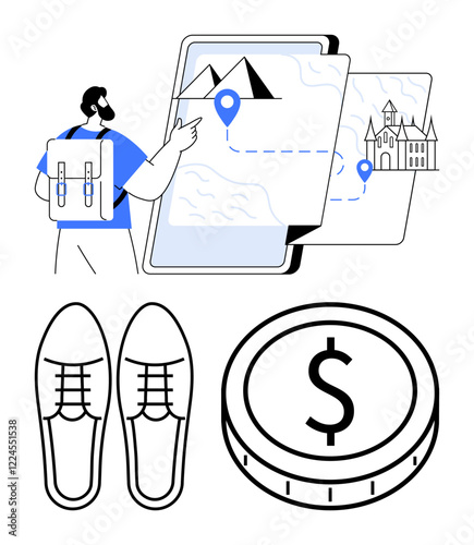 Backpacker interacting with a digital map, exploring mountain and castle icons. Includes travel shoes and a coin. Ideal for travel, tourism, navigation, budgeting, adventure, exploration abstract