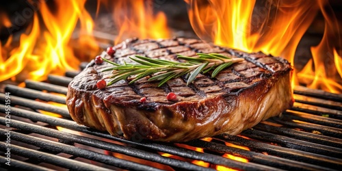 Sizzling beef steak on grill with flames and charred skin, savory aromas escaping from the cut , meal, savory,  meal, savory, barbecue