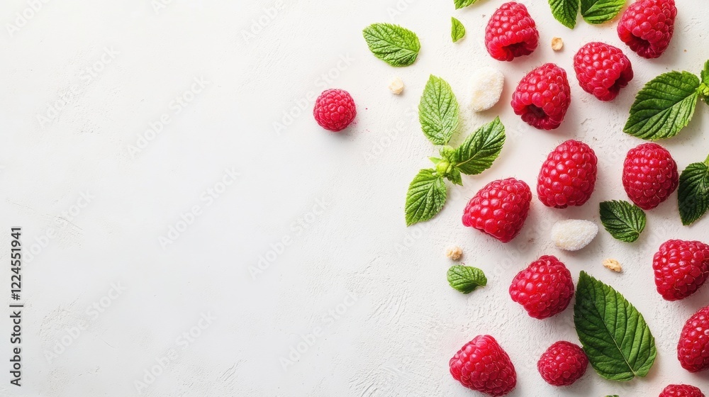 Raspberries, Mint, and Sugar on White Background Raspberries, Mint, and Sugar on White Background