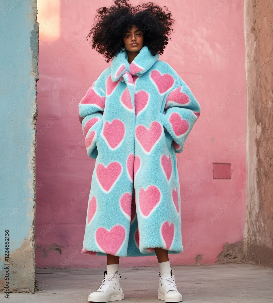 Portrait of modern young beautiful girl, standing and posing in Valentine's day costume with vivid color coat with a print of love hearts. Illustration. Generative AI Portrait of modern young beautiful girl, standing and posing in Valentine's day costume with vivid color coat with a print of love hearts. Illustration. Generative AI