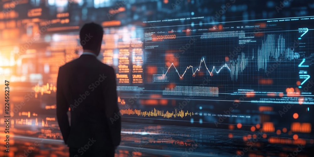 Big data analytics and business intelligence concept with chart and graph icons on a digital screen interface and a businessman in background