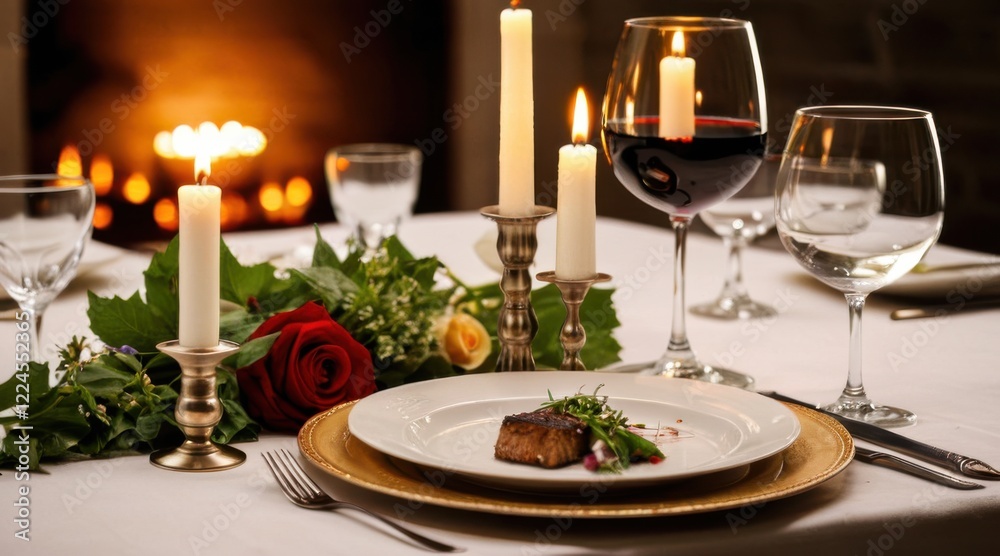 Fototapeta premium Romantic Steak Dinner with Red Wine and Candles by Fireplace