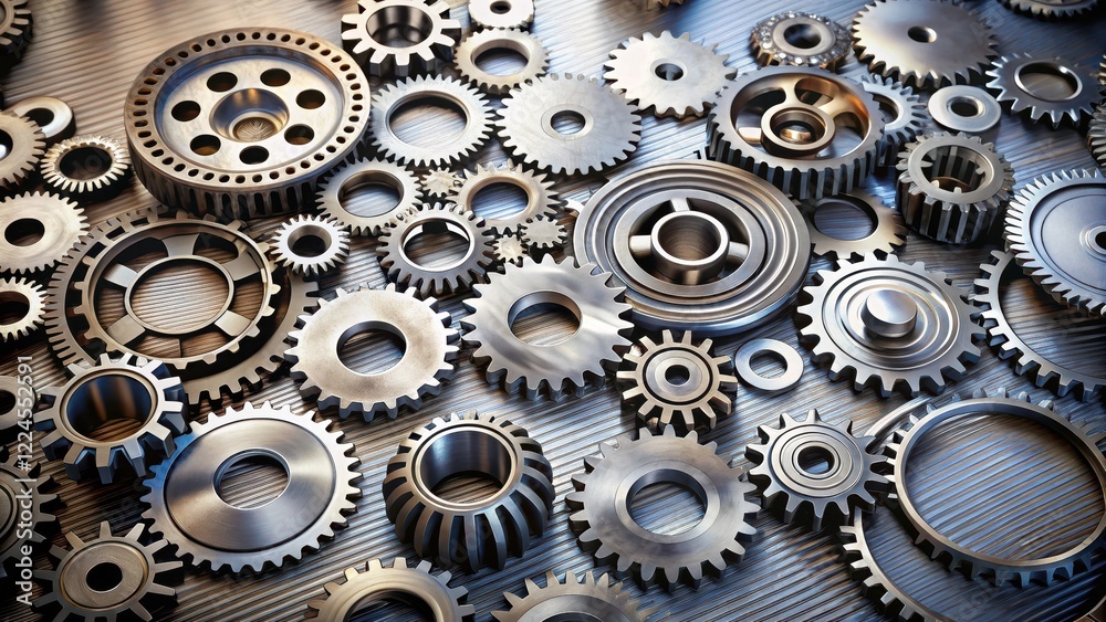 Industrial machinery and gears arranged in a geometric pattern on a metallic surface Industrial machinery and gears arranged in a geometric pattern on a metallic surface
