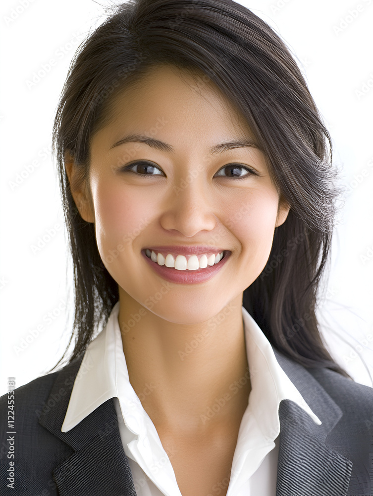 Confident and Radiant: A young Asian woman with a warm, genuine smile radiates confidence and optimism, dressed in a professional business suit, capturing the essence of empowerment and ambition. Confident and Radiant: A young Asian woman with a warm, genuine smile radiates confidence and optimism, dressed in a professional business suit, capturing the essence of empowerment and ambition.