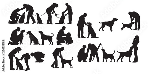 dog love silhouette vector design illustration. people working dog.  bundle of dog silhouette vector illustration. black dog silhouette vector image.