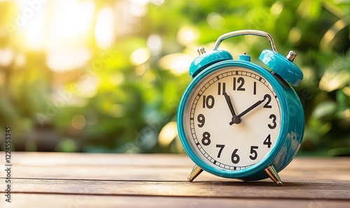 Blue alarm clock on wooden table in sunny garden, showing time, for time management concept