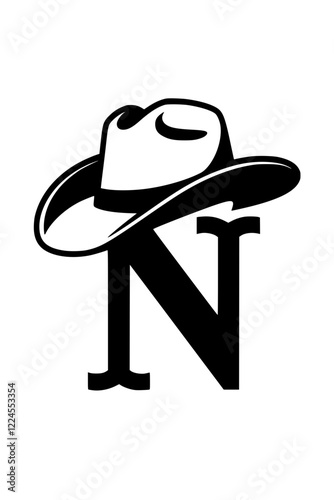 Letter N with Cowboy Hat Western Style, Black and white illustration of the letter "N" wearing a cowboy hat, representing Western culture, country style, rodeo themes, and rustic typography.  
  
