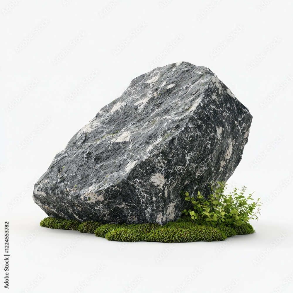 Fototapeta premium Rock with greenery, white isolate background
