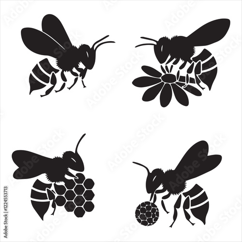 Bee Silhouette Vector Bundle Set, Honey Bee Vector Silhouette , Different Poses Bee Vector Silhouette