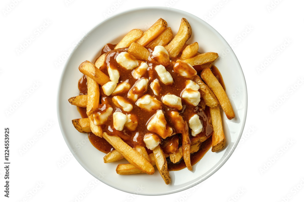 Poutine with crispy fries, cheese curds and rich gravy isolated on white or transparent, PNG Poutine with crispy fries, cheese curds and rich gravy isolated on white or transparent, PNG