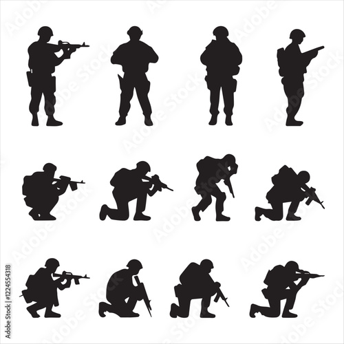 Male soldier silhouette. military special groupe silhouette bundle. Male soldiers wearing uniforms and holding rifles silhouette bundles. Army silhouette bundle 