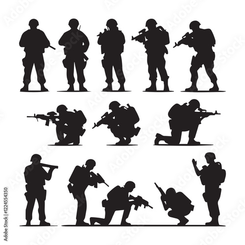 Male soldier silhouette. military special groupe silhouette bundle. Male soldiers wearing uniforms and holding rifles silhouette bundles. Army silhouette bundle 