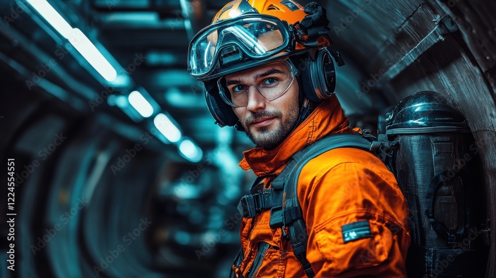 Confident Rescue Worker in Tunnel Confident Rescue Worker in Tunnel