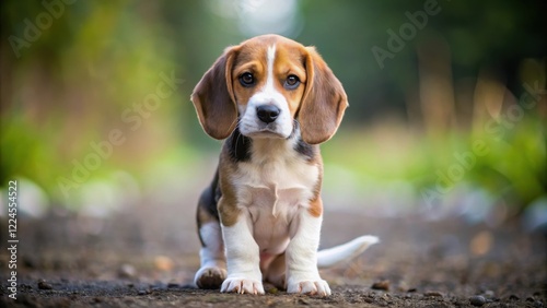 Beagle puppy stands on uneven ground with both front legs, looking around curiously, ears perked up, and tail wagging photo