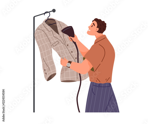 Man ironing t-shirt on hanger wirh garment steamer. Husband doing housework, household chores, housekeeping, person with iron electric appliance standing in casual cloth. Routine home work, laundry