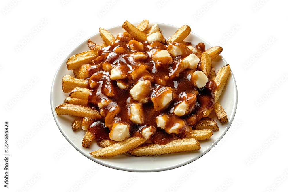 Poutine with crispy fries, cheese curds and rich gravy isolated on white or transparent, PNG