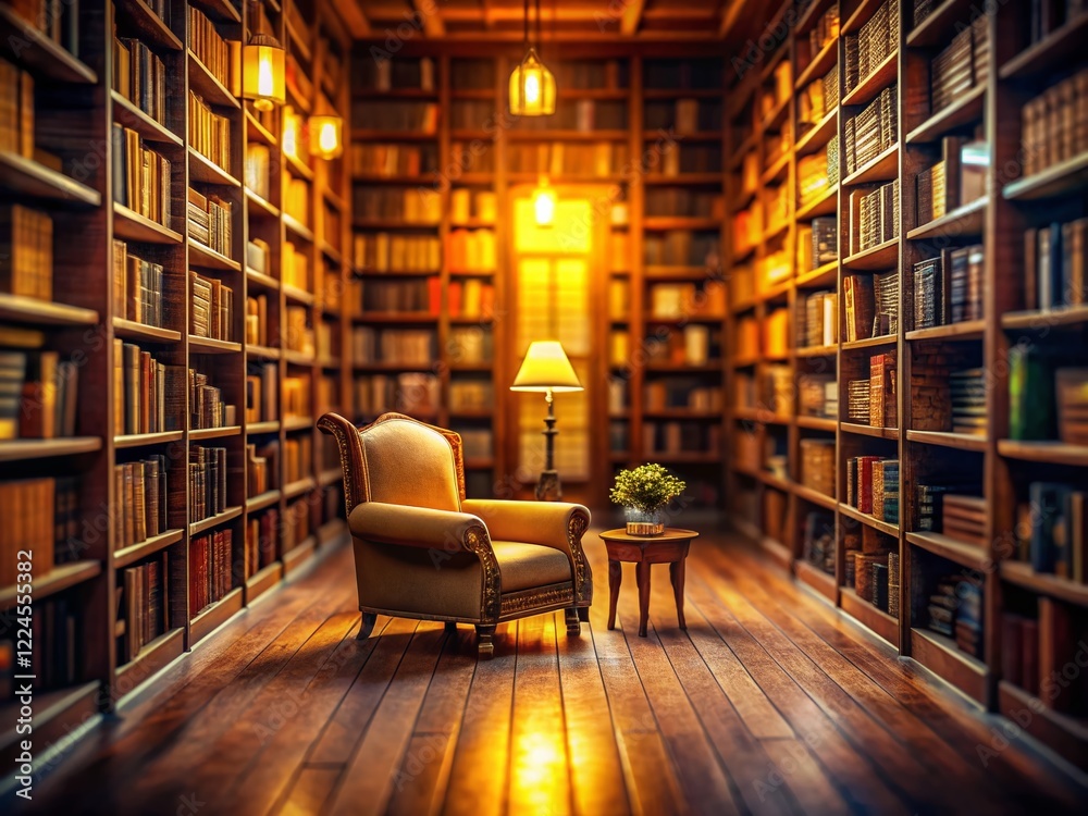 Cozy Evening Library Reading Nook: Warm Glow, Bookshelf, Tilt-Shift Cozy Evening Library Reading Nook: Warm Glow, Bookshelf, Tilt-Shift