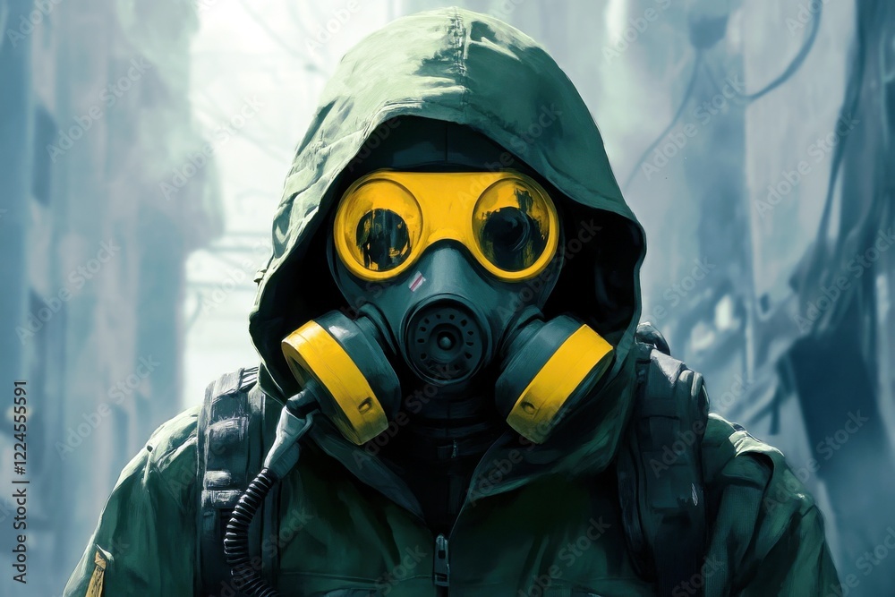 Mysterious figure in gas mask navigating through foggy urban alley, embodying themes of survival, protection, and environmental challenges related to pollution Mysterious figure in gas mask navigating through foggy urban alley, embodying themes of survival, protection, and environmental challenges related to pollution