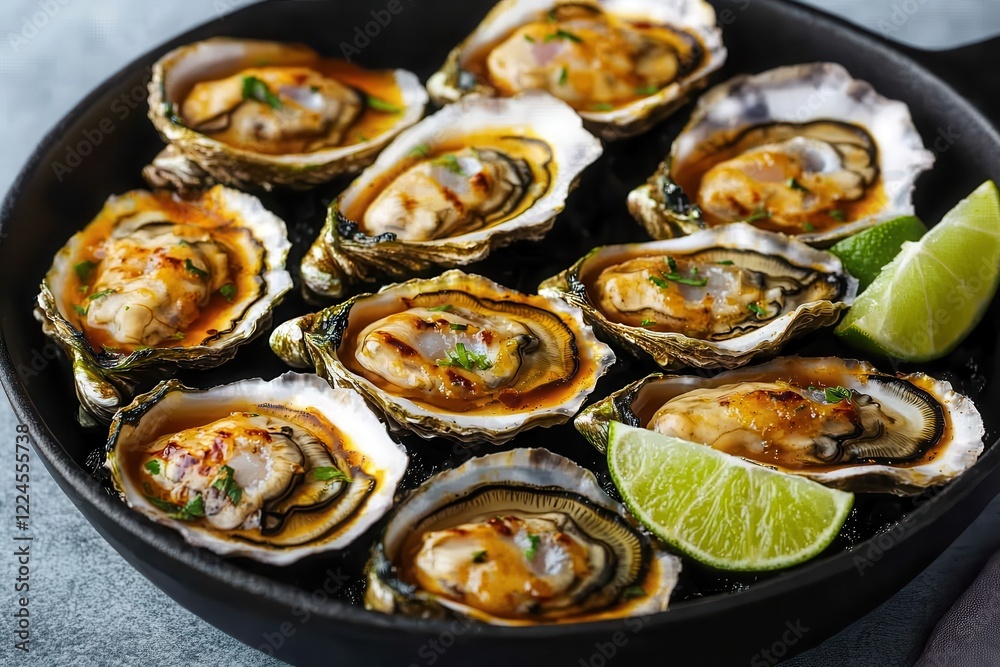 Grilled oysters: A seafood appetizer. Freshly cooked oysters with lime served on a dark plate.