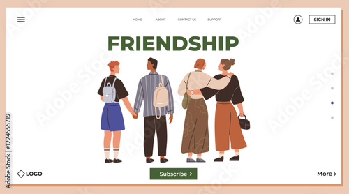 Four diverse individuals stand together, displaying unity and friendship. Ideal for social connection, diversity, teamwork, community, and support themes. The group holds hands or embraces