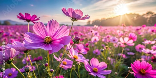 Fototapeta Naklejka Na Ścianę i Meble -  vast fields of purple cosmos flowers blooming in the sun, meadow, rural scenery,  meadow