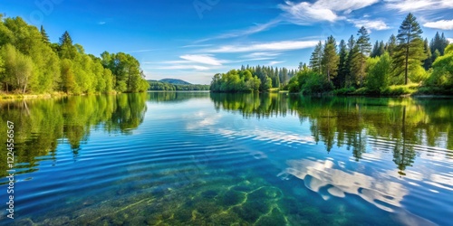 Serene lake scene with crystal clear water ripples reflecting surrounding trees and sky, lake, serene