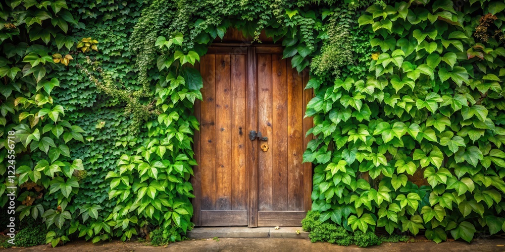 A serene corner with lush green leaves and vines, forming a natural frame around a rustic wooden door , doorway , foliage A serene corner with lush green leaves and vines, forming a natural frame around a rustic wooden door , doorway , foliage