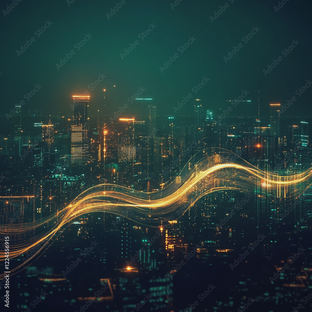 Fototapeta premium Abstract digital background electromagnetic wave background Innovation digital wave, information technology background and green luxury background with golden line decoration and curve light effect