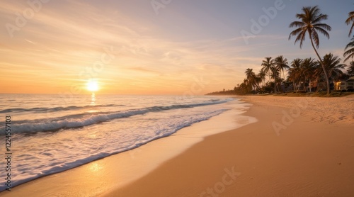 Tranquil Beach Sunset Golden Light, Palm Trees, and Gentle Waves