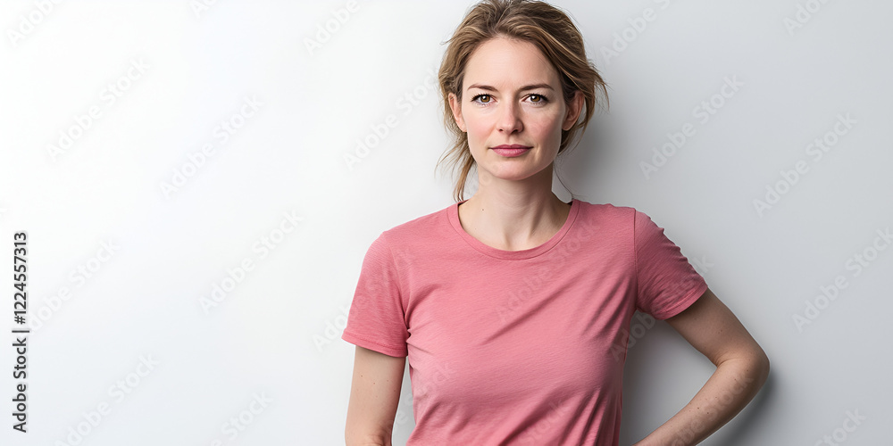 Obraz premium Confident Woman in Pink T-Shirt: A poised woman with shoulder-length blonde hair gazes directly at the camera, exuding confidence and self-assurance.