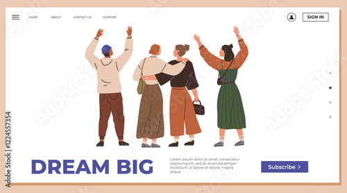 Four friends with arms raised in celebration, embracing each other. Diverse outfits and hairstyles suggest individuality within unity. Ideal for teamwork aspirations motivation personal growth