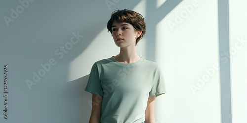 Youthful Contemplation: A young woman with short brown hair, wearing a sage green t-shirt, stands against a wall, bathed in the soft light of a sunlit window.