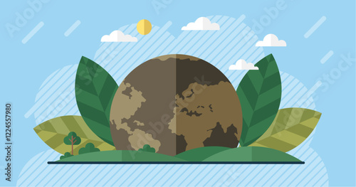Earth sits in the center surrounded by green leaves and small trees under a bright sky with clouds and sun. Ideal for environmental awareness nature conservation green living sustainability and