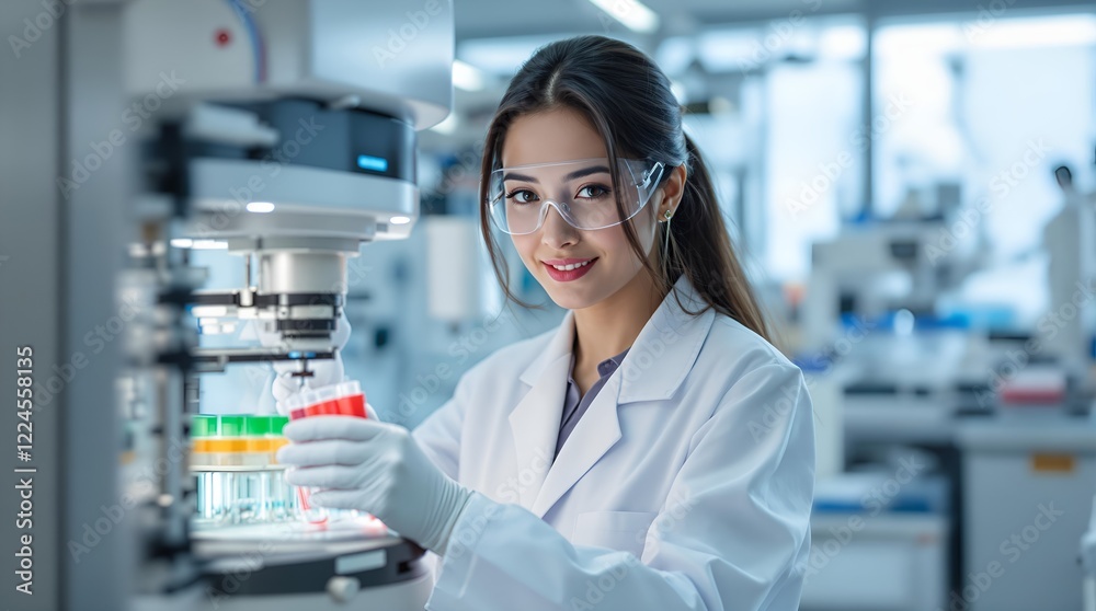 Portrait of a Medical Researcher: Female Scientist Handling Test Tubes in a Modern Lab Portrait of a Medical Researcher: Female Scientist Handling Test Tubes in a Modern Lab