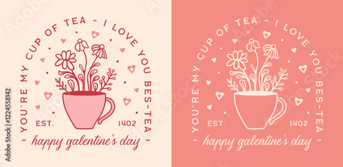 Happy Galentine's Day bestie tea lover quotes funny puns printable greeting card you're my cup of tea I love you. Coquette preppy floral pink red retro aesthetic Valentine best friend humor gift.